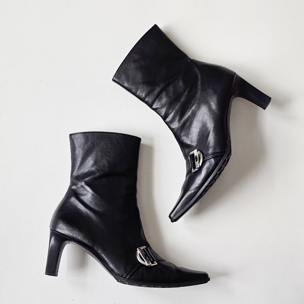 🖤 Paul Green Black Leather Ankle Boots Austria Made Heeled Square Toe Buckle - Picture 1 of 16